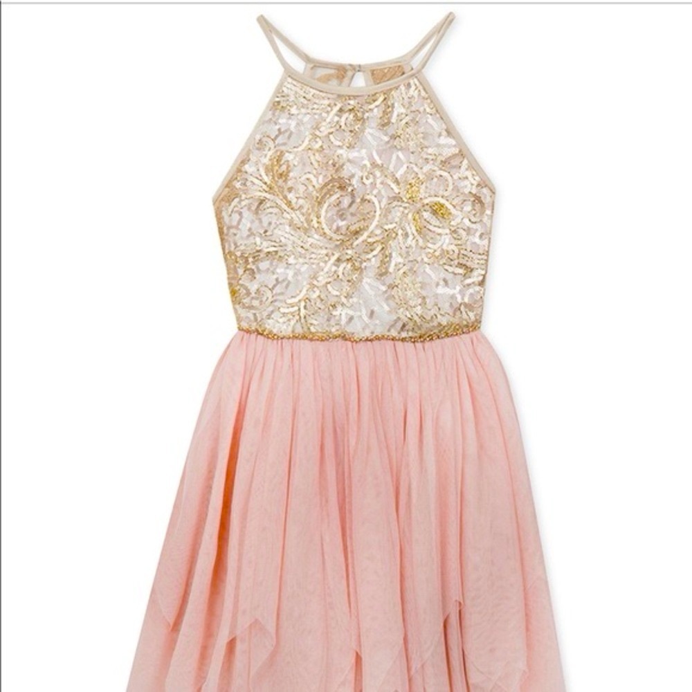 Rare Editions Pink and Gold Lace Halter-Style Formal Dress